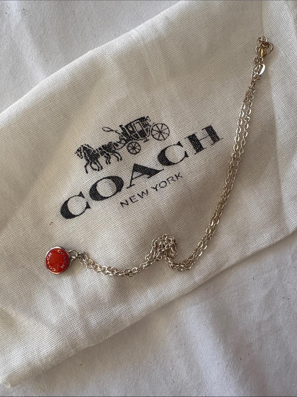 Silver 925 Chain Necklace with a Coach Enamel Orange Disc